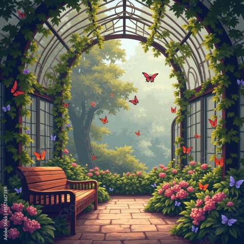 A tranquil greenhouse with tall windows, vibrant orange flowers, lush greenery, and butterflies, bathed in sunlight streaming through the glass roof. Generative, AI,