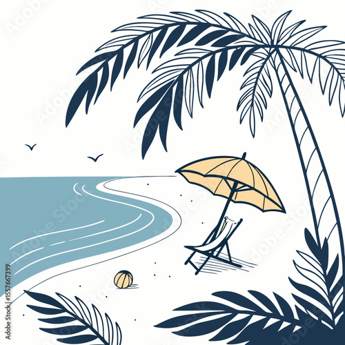 Beach Scene with Umbrella – Summer Vacation Vector Illustration | Sunny Beach Landscape with Umbrella and Beach Elements | Relaxing Beach Scene – Umbrella, Chair, and Beach Items Vector