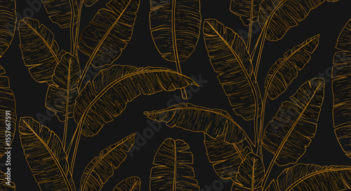 Golden outlined banana leaves pattern on a dark background tropical foliage.