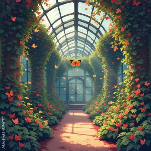 A tranquil greenhouse with tall windows, vibrant orange flowers, lush greenery, and butterflies, bathed in sunlight streaming through the glass roof. Generative, AI,