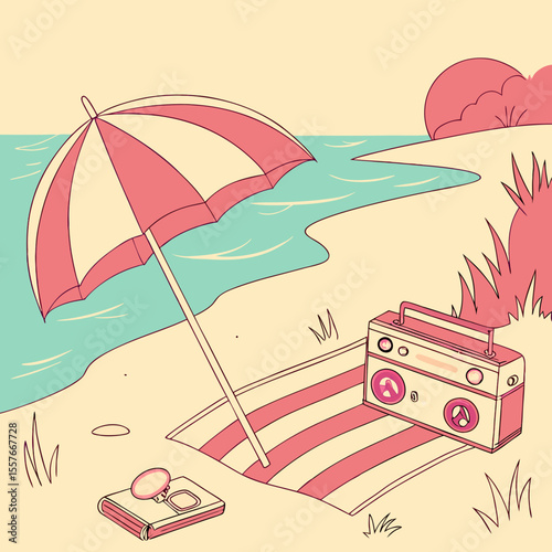 Beach Scene with Umbrella – Summer Vacation Vector Illustration | Sunny Beach Landscape with Umbrella and Beach Elements | Relaxing Beach Scene – Umbrella, Chair, and Beach Items Vector