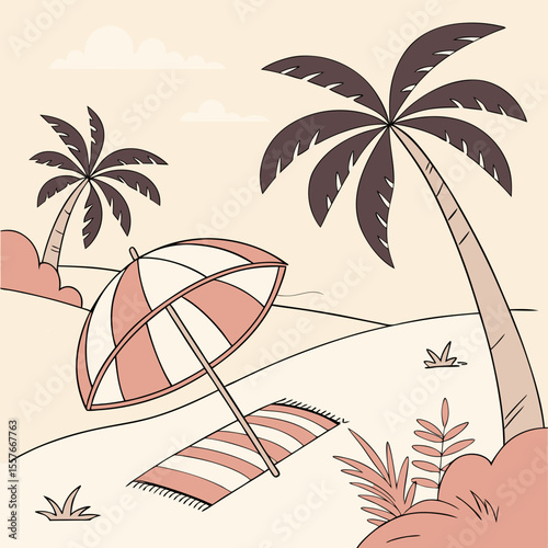 Beach Scene with Umbrella – Summer Vacation Vector Illustration | Sunny Beach Landscape with Umbrella and Beach Elements | Relaxing Beach Scene – Umbrella, Chair, and Beach Items Vector