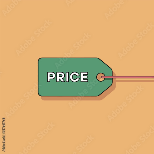 A green price tag with the word price in white letters on a peach background with a pink string attached
