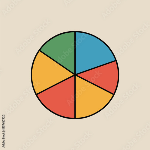A simplistic pie chart illustration with six colorful segments on a light beige background circle shape