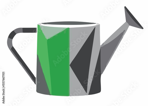 A stylized vector illustration of a watering can, featuring a geometric design with shades of grey and a prominent green panel on the front, set on a white background.