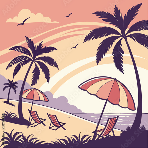 Beach Scene with Umbrella – Summer Vacation Vector Illustration | Sunny Beach Landscape with Umbrella and Beach Elements | Relaxing Beach Scene – Umbrella, Chair, and Beach Items Vector