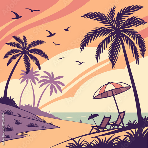 Beach Scene with Umbrella – Summer Vacation Vector Illustration | Sunny Beach Landscape with Umbrella and Beach Elements | Relaxing Beach Scene – Umbrella, Chair, and Beach Items Vector