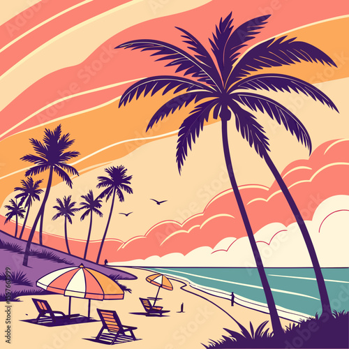 Beach Scene with Umbrella – Summer Vacation Vector Illustration | Sunny Beach Landscape with Umbrella and Beach Elements | Relaxing Beach Scene – Umbrella, Chair, and Beach Items Vector