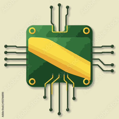 A vector illustration of a green microchip with a yellow diagonal stripe and intricate circuitry, symbolizing technology and computing.
