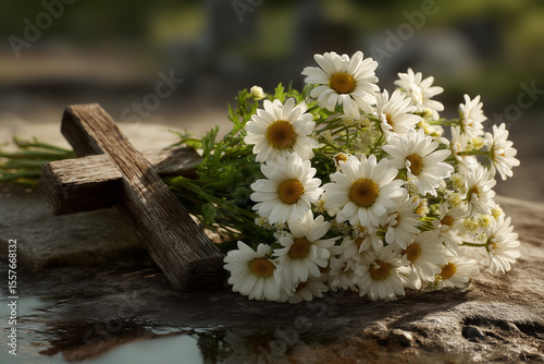 Floral Tribute: A poignant arrangement of delicate daisies rests gently upon a rustic wooden cross, conveying themes of remembrance, peace, and reverence in a serene setting.