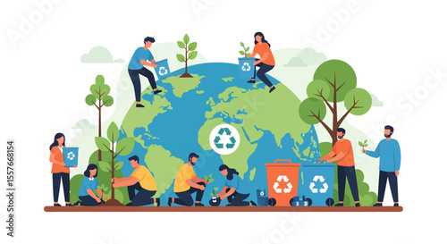 Illustrated people planting trees and recycling on a stylized Earth.