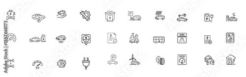 Electric Vehicle & Charging Stroke Icon Set. Featuring EV Car, Plug-In Station, Battery, Solar Power, and more. Editable Outline Icons.