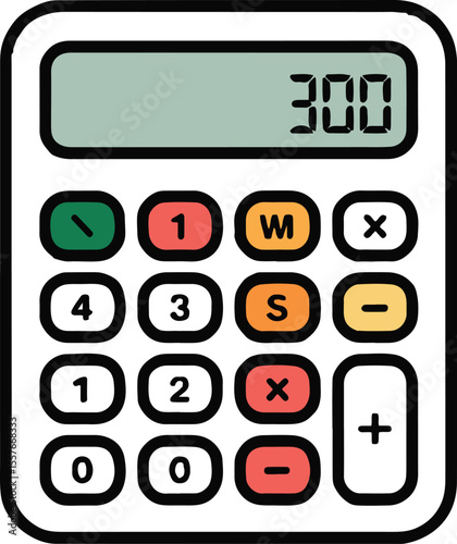 Illustration of a calculator with rounded buttons displaying the number three hundred on the screen