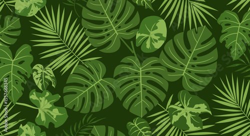 Lush green tropical foliage featuring monstera and palm leaves pattern.