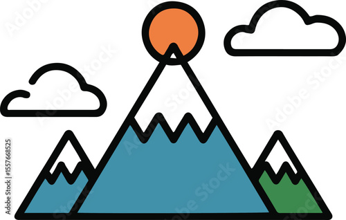 Stylized mountain range with a sun at the peak and white clouds on a light gray background