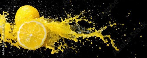 Fresh lemons and a lemon slice splash vibrant yellow juice dynamically against a black background.