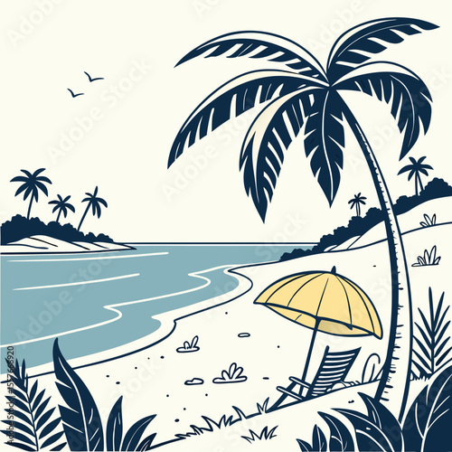 Beach Scene with Umbrella – Summer Vacation Vector Illustration | Sunny Beach Landscape with Umbrella and Beach Elements | Relaxing Beach Scene – Umbrella, Chair, and Beach Items Vector
