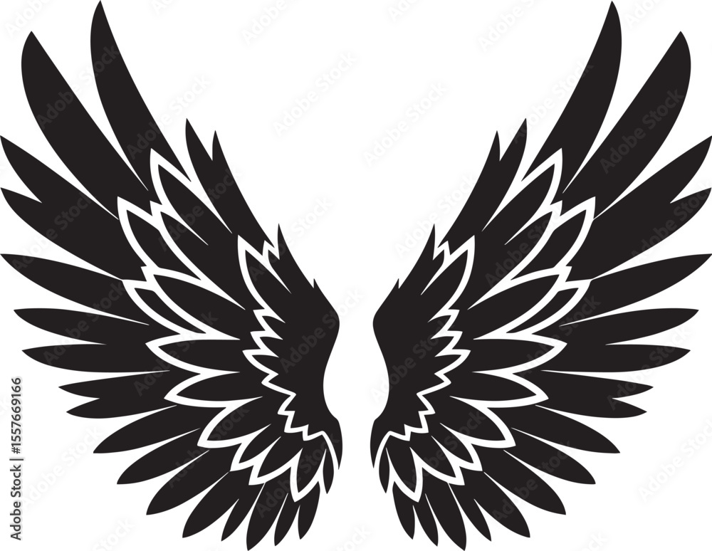 Fototapeta premium Elegant black silhouette of outstretched angel wings.