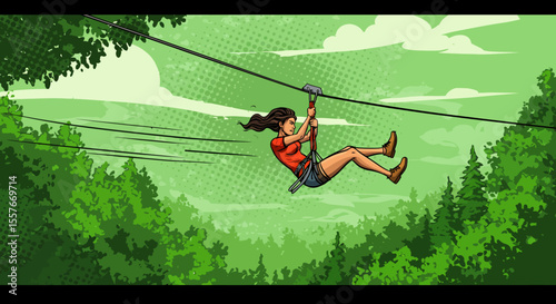 Thrilling Zipline Adventure Soaring Through Lush Green Forest Canopy