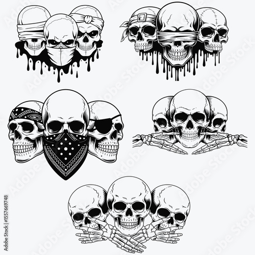 Three Wise Skulls Svg, See Hear Speak No Evil Svg, Hear See Speak Skull Svg, Skull Svg, Skull Clipart, Skull Vector, Skull Cricut
