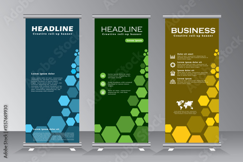 Roll up banner design display template, verticl banner design with green, orange and blue, Roll up banner for business, conferance, event, welcome, party, fourm, campus, university