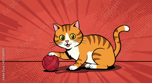 Adorable Tabby Kitten Playing with Yarn Ball A Pop Art Illustration