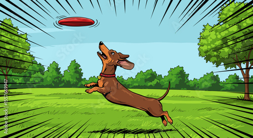Dachshund Dog Playfully Catching a Flying Disc in a Park