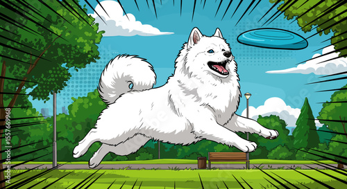 Joyful Samoyed Dog Leaping for Flying Disc in Vibrant Park Illustration
