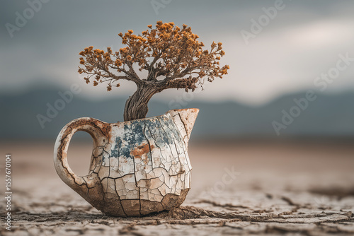 Tree of Resilience: An evocative image showcases a resilient tree growing out of a cracked vase, set against a backdrop of an arid landscape.