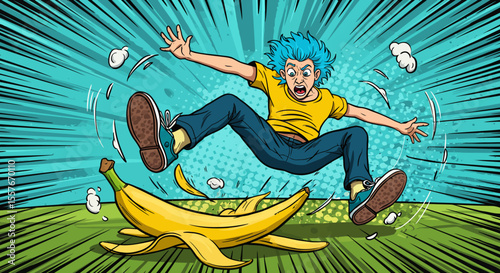 A Hilarious Pop Art Illustration of a Person Slipping on a Banana Peel