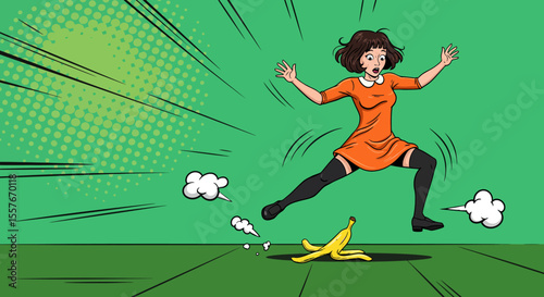 Woman Tripping on Banana Peel A Pop Art Illustration