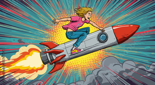 Girl Riding Rocket Pop Art Style Adventure Illustration