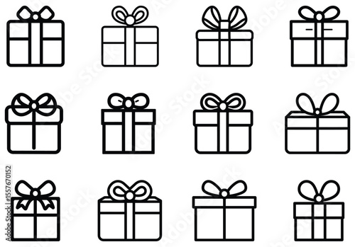 Twelve outlined present box icons with assorted bows are aligned on the white background