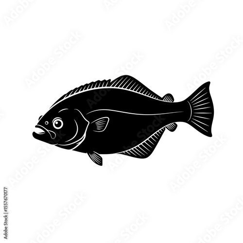 Illustration of a black and white flounder fish art silhouette