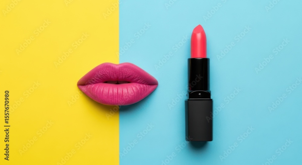 Obraz premium A vibrant pink lips and a lipstick on a split yellow and blue background view