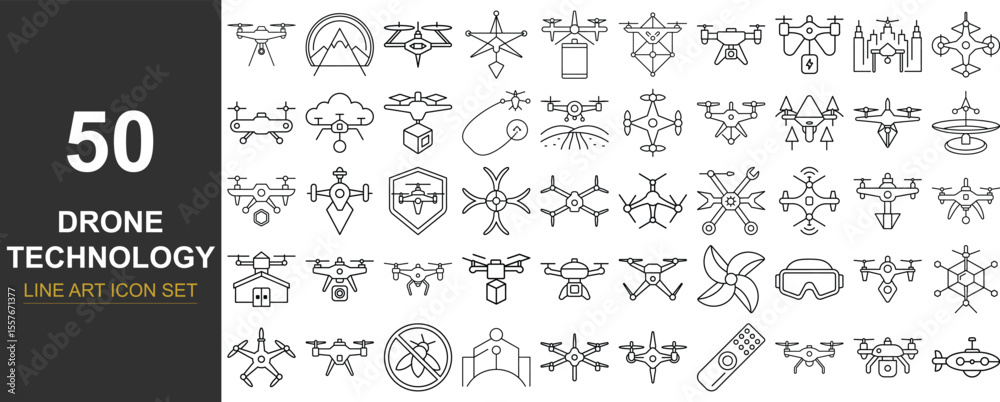 Fototapeta premium 50 Line Art Vector Icons of Drones and Aerial Technology Featuring Quadcopters, Remote Controllers, GPS, and Delivery Drones — Ideal for Tech Projects, UI Design, and Innovation Illustrations