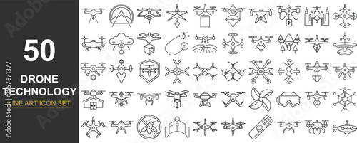 50 Line Art Vector Icons of Drones and Aerial Technology Featuring Quadcopters, Remote Controllers, GPS, and Delivery Drones — Ideal for Tech Projects, UI Design, and Innovation Illustrations
