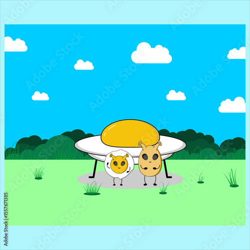A UFO shaped like a sunny-side-up egg abducting a mysterious beam at night.Vector illustration design. EPS 10.