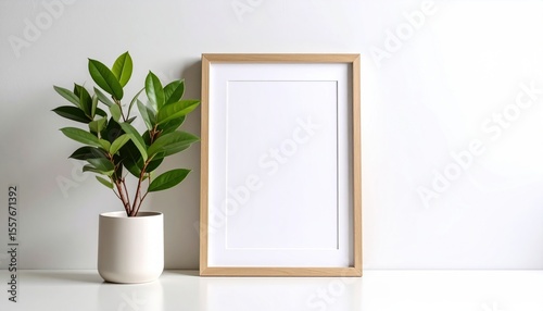 Stylish blank frame with greenery in a minimalist setting for customizable art.