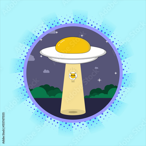 A UFO shaped like a sunny-side-up egg abducting a mysterious beam at night.Vector illustration design. EPS 10.