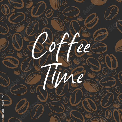 Coffee time typography with decorative coffee bean pattern background.