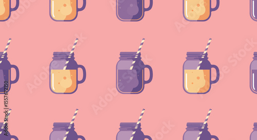Pattern of stylized mason jars and mugs with straws in pastel colors.