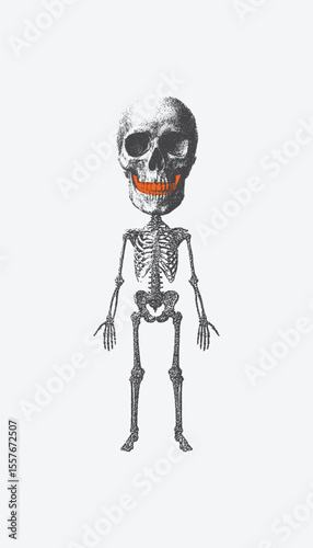 Skeleton collage element with retro grainy texture and vintage stipple copying effect, Vector illustration for grunge psychedelic surreal poster