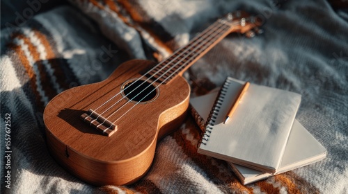 Ukulele on a striped blanket with notebook and pen beside, set for songwriting