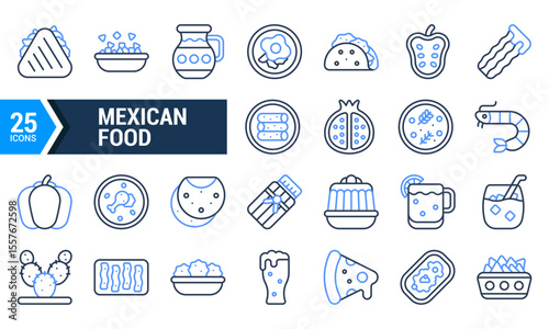 25 Blue Line Icons of Mexican Food and Drink.