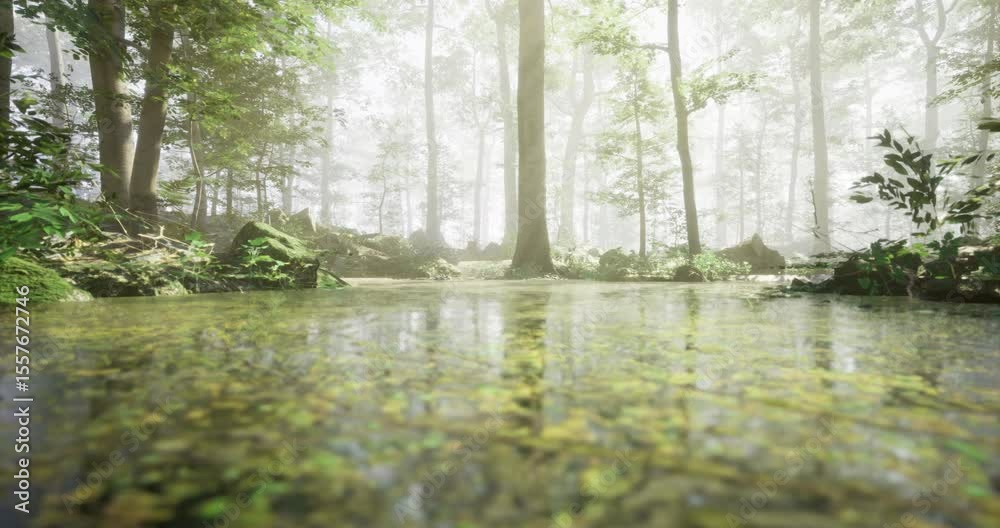 Morning light filters through a misty forest, casting a serene atmosphere over reflective water. Lush greenery surrounds the tranquil pond, creating a peaceful nature scene.