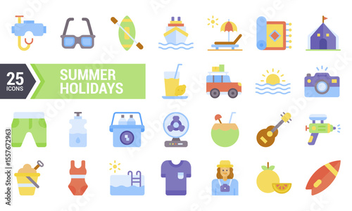 25 Flat Icons for Summer Holidays Design.