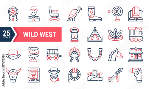 25 Wild West Line Icons in Red and Blue.