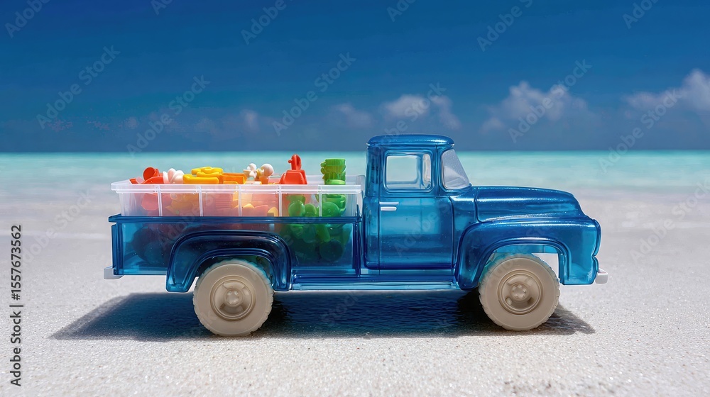 Fototapeta premium Blue beach truck toy filled with colorful sand tools on clean beach surface under clear sky