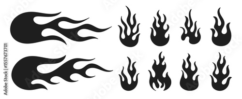 Flame silhouette vector set with transparent background, retro 90s hot rod fire tattoo style, bold old school graphic element design, retro fire aesthetic Icons set
